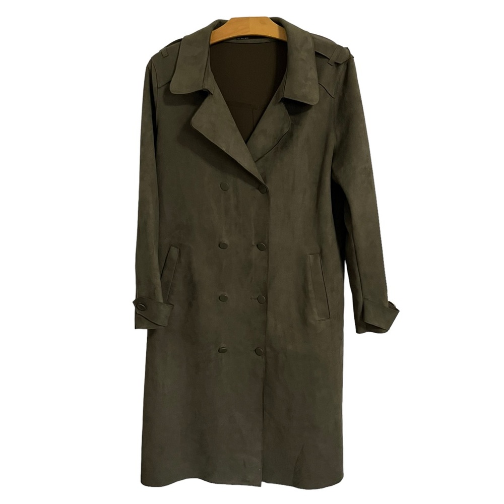 Zara Faux Suede Dark Olive Green Military Long Trench Coat Size Large